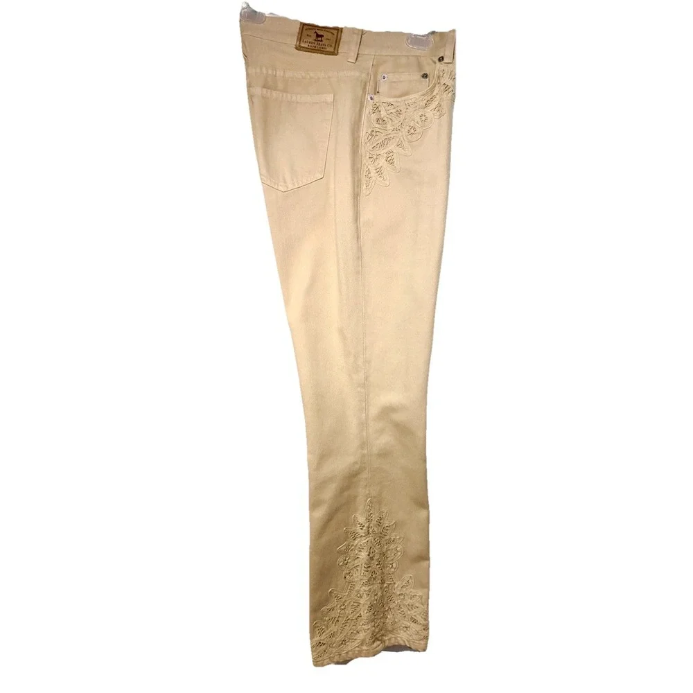 Y2K LAUREN Jeans Co 10 Sand Battenburg Lace Trim Pants Bootcut Leg Jeans Romance